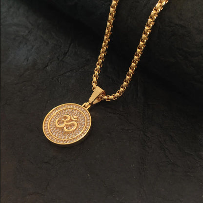 Vrishta Round Om 22K Gold Plated Diamond Studded Pendant with Chain