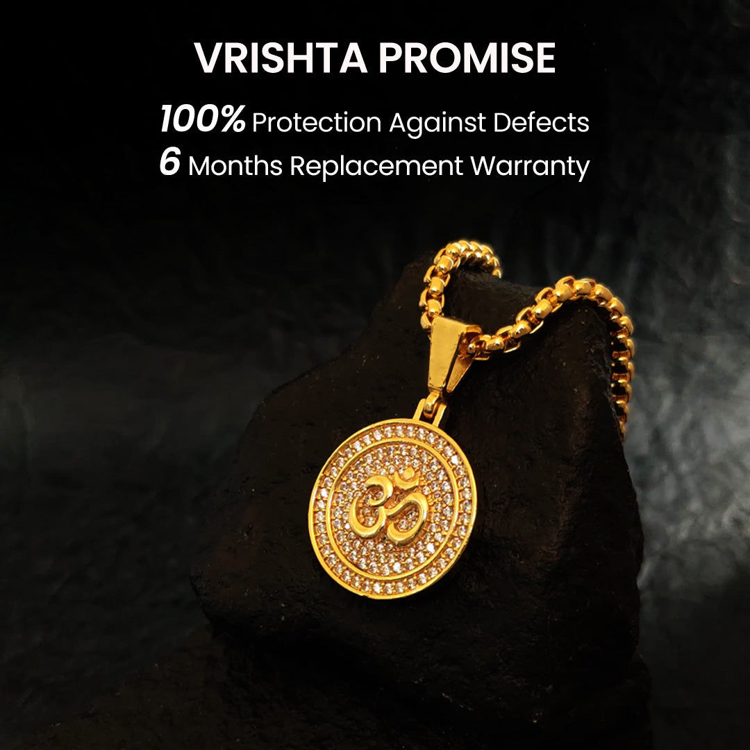 Vrishta Round Om 22K Gold Plated Diamond Studded Pendant with Chain