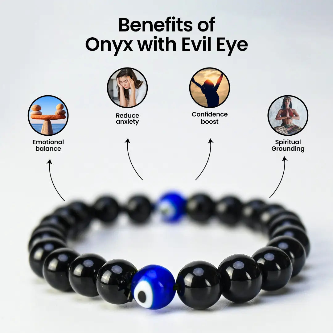Vrishta 7 Chakra Black Onyx with Evil Eye Bracelet for protection, confidence, and energy balance
