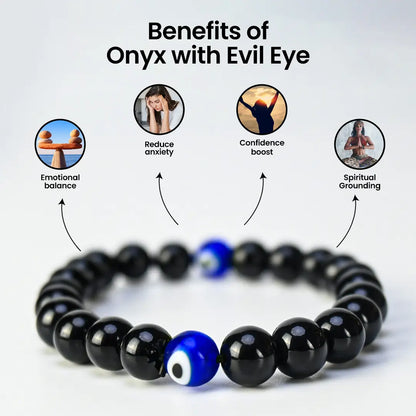 Vrishta 7 Chakra Black Onyx with Evil Eye Bracelet for protection, confidence, and energy balance