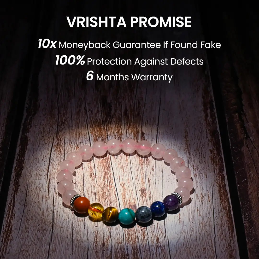 Vrishta Guarantee on 7 Chakra Rose Quartz Bracelet  with authenticity, warranty, and trust promise