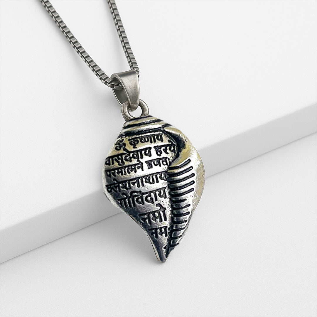 Vrishta Vasudevaya Mantra Shankh Sterling Silver Coated Chain Pendant