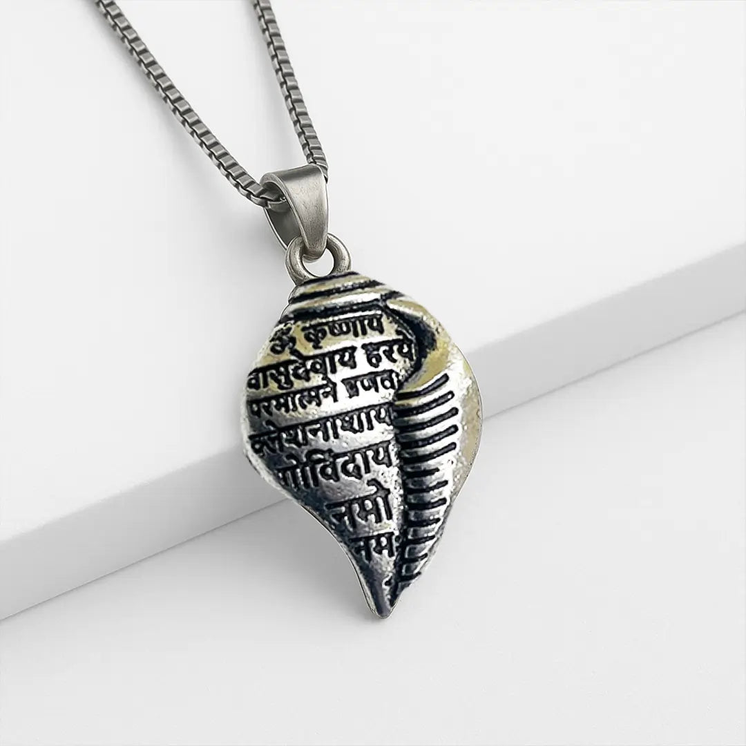 Vrishta Vasudevaya Mantra Shankh Sterling Silver Coated Chain Pendant on white background
