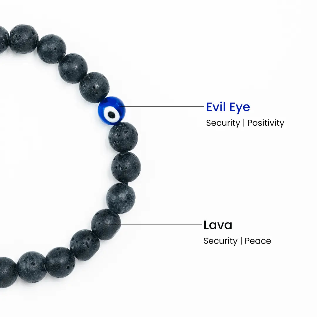 Vrishta Natural Evil Eye Bracelet featuring lava stones and protective Evil Eye bead.