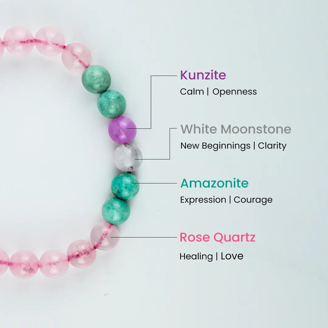 Certified and activated Vrishta Love Confession Bracelet with Amazonite, Rose Quartz, Kunzite, and White Moonstone
