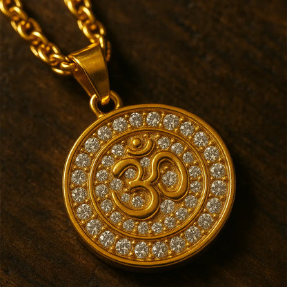 Closeup View of Vrishta Round Gold Plated Om Pendant with Chain