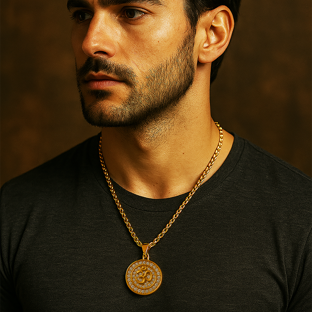 Vrishta Round Om 22K Gold Plated Diamond Studded Pendant with Chain
