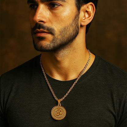 Man Wearing Vrishta Round Om 22K Gold Plated Diamond Studded Pendant