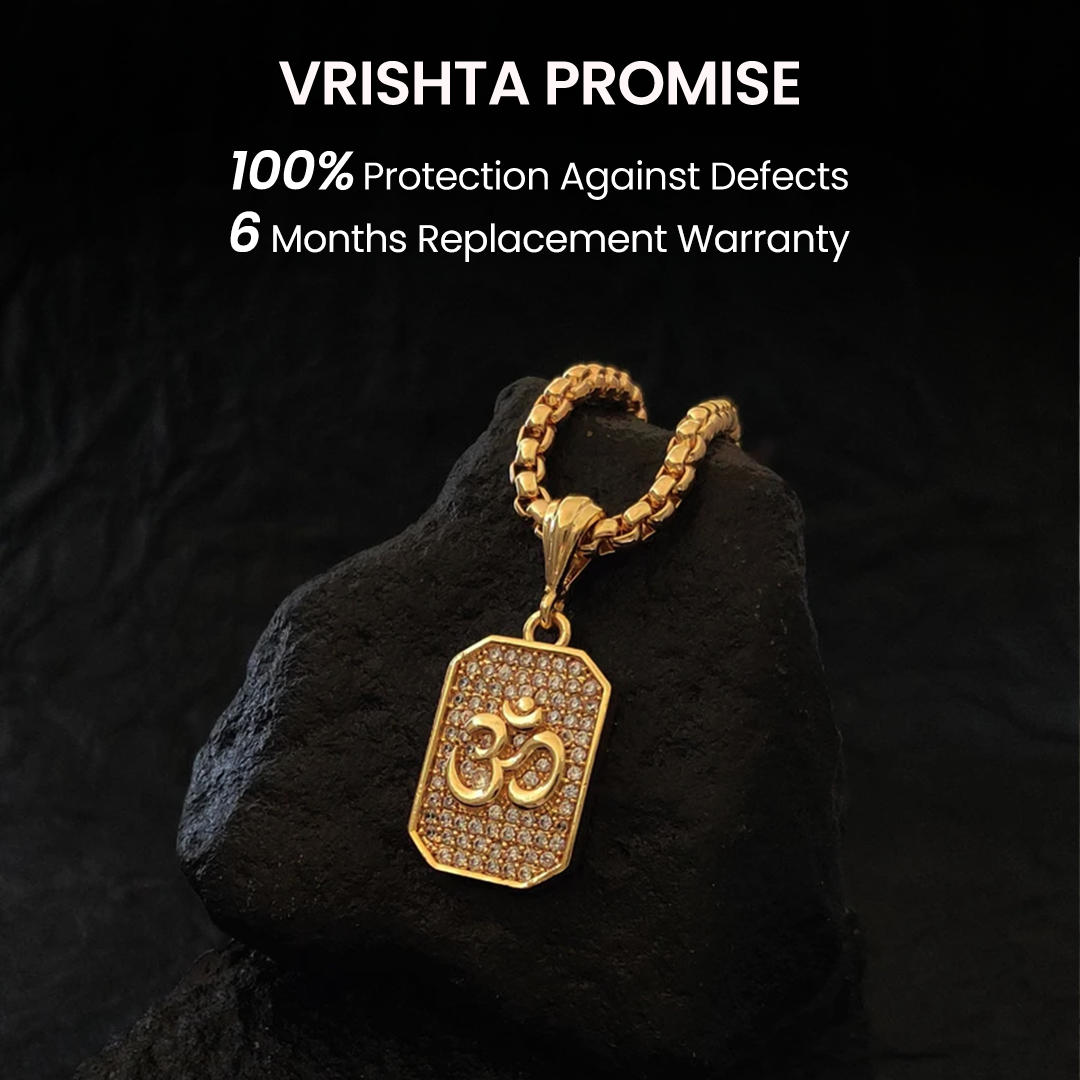 Vrishta Rectangular Gold-Plated OM Pendant – Elegant Spiritual Jewelry for Men and Women