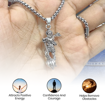 Vrishta Hanuman Ji With Gada Sterling Silver Coated Chain Pendant