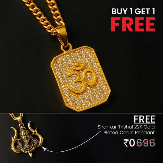 Vrishta Shining Om 22K Gold Plated Diamond Studded Pendant with Buy 1 Get 1 Free Shankar Trishul Chain