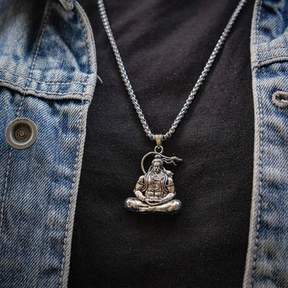 Front view of man wearing Vrishta Meditating Hanuman Ji Sterling Silver Coated Pendant With Chain