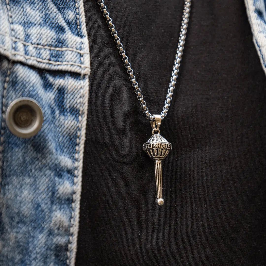 Person wearing Vrishta Hanuman Ji Gada Sterling Silver Coated Chain Pendant