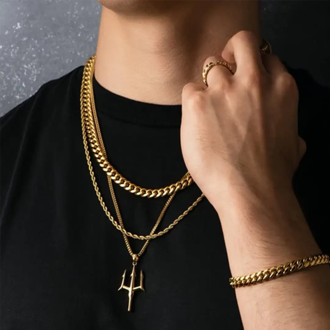 Man wearing Vrishta Trishul 22K Gold Plated Chain Pendant