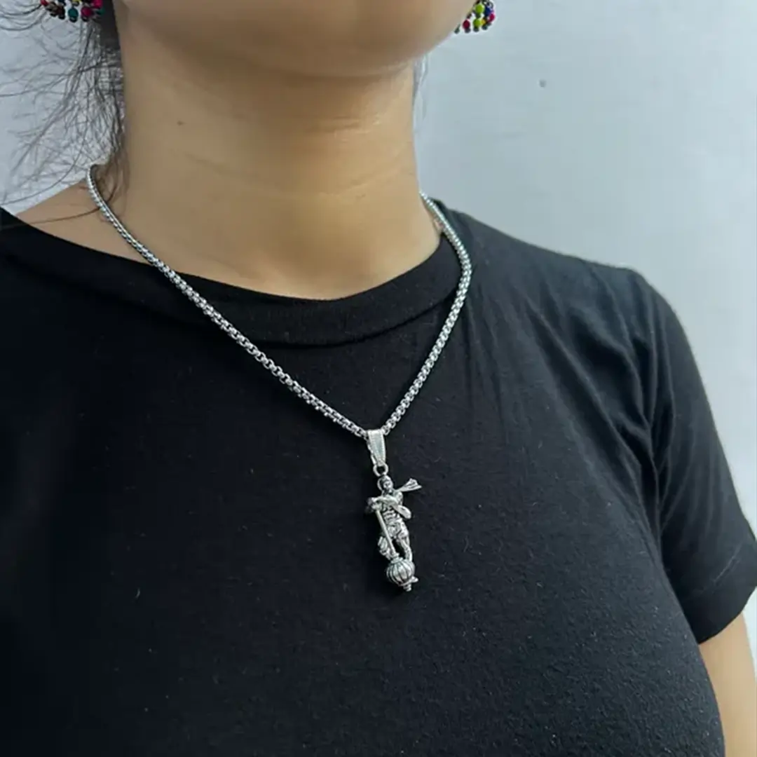Person wearing Vrishta Hanuman Ji With Gada Sterling Silver Coated Chain Pendant