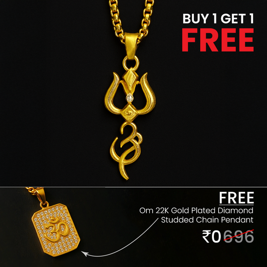 Vrishta Shiva Trishul Om  22K Gold Plated Chain Pendant