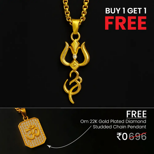 Vrishta Buy 1 Get 1 Free Shiva Trishul and OM diamond gold-plated pendants.