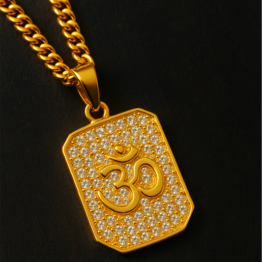 Vrishta Rectangular Gold-Plated OM Pendant – Elegant Spiritual Jewelry for Men and Women