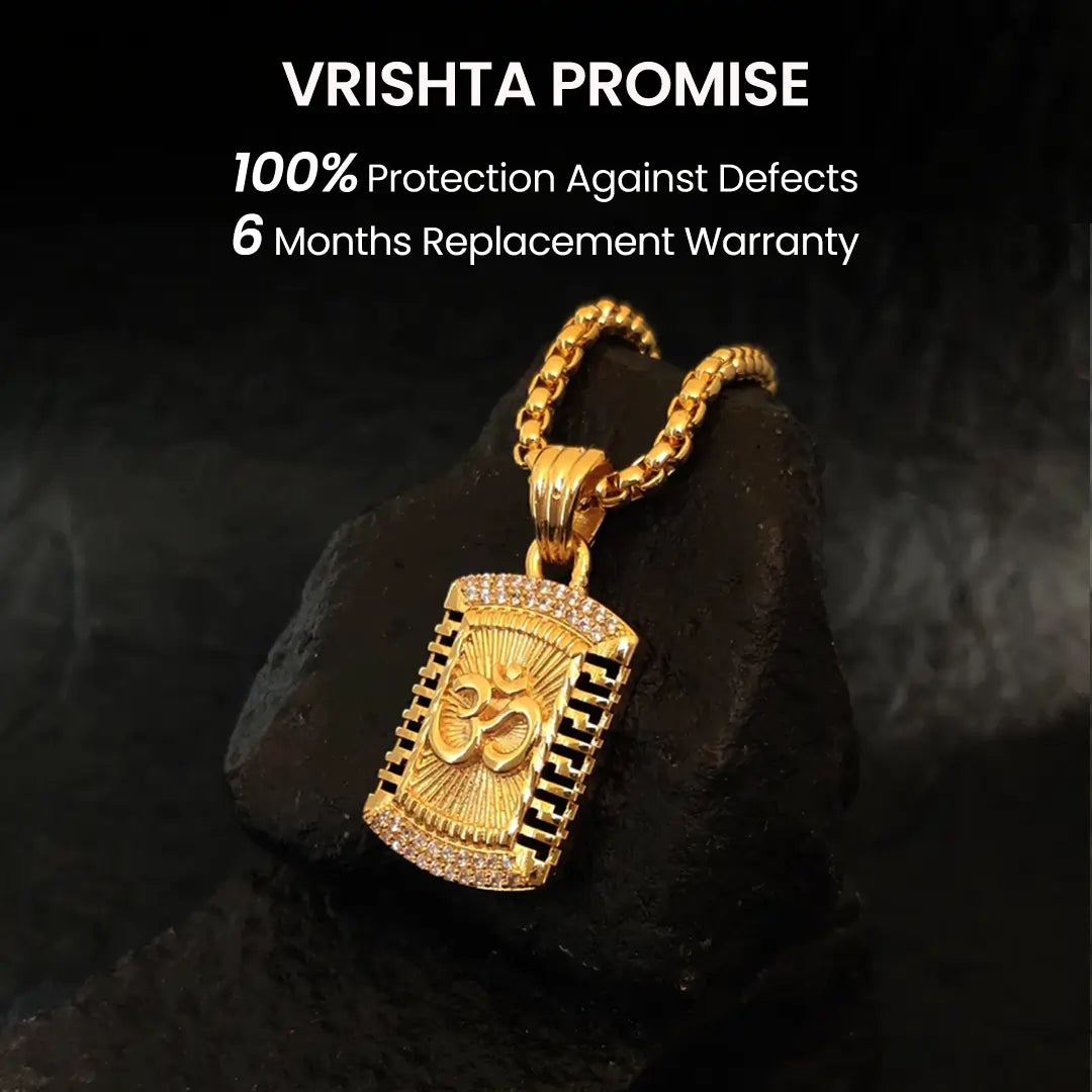 Vrishta Promise on 6 Month Replacement Warranty for Om 22K Gold Plated Diamond Studded Chain Pendant