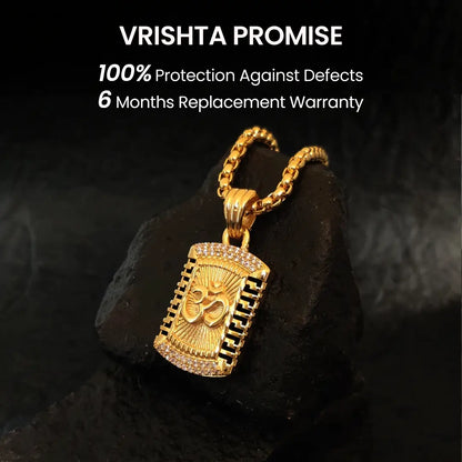 Vrishta Promise on 6 Month Replacement Warranty for Om 22K Gold Plated Diamond Studded Chain Pendant