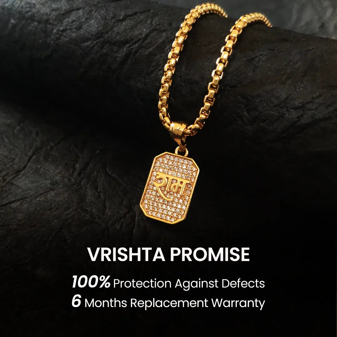 Vrishta Warranty Promise for Vrishta Ram Ji Gold Plated Diamond Studded Pendant with Chain
